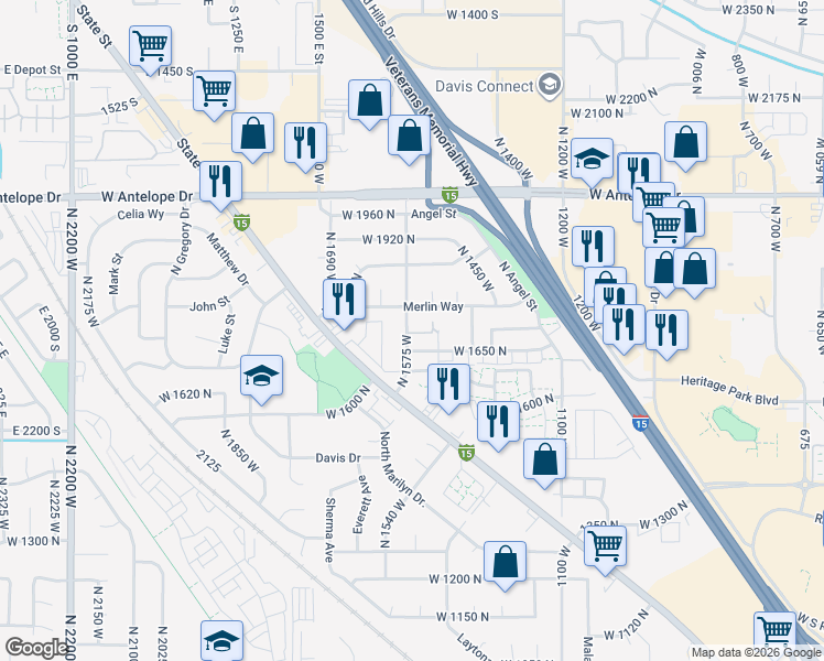 map of restaurants, bars, coffee shops, grocery stores, and more near 1683 North 1500 West in Layton
