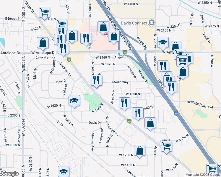 map of restaurants, bars, coffee shops, grocery stores, and more near 1681 North 1575 West in Layton