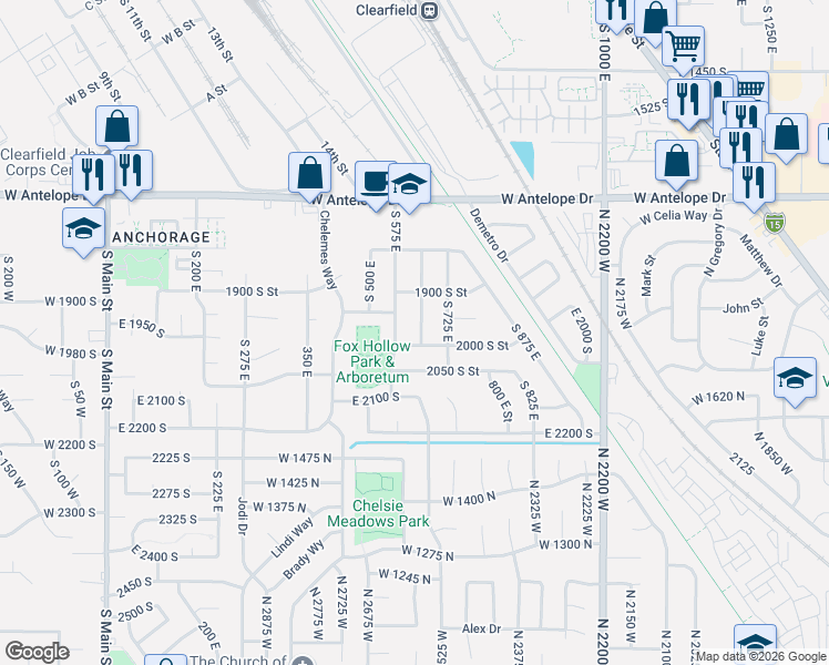 map of restaurants, bars, coffee shops, grocery stores, and more near 1985 South 650 East in Clearfield
