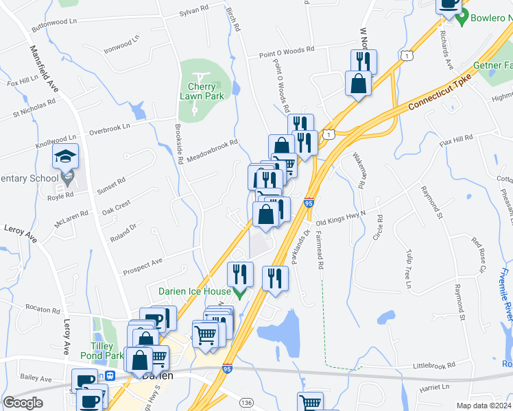 map of restaurants, bars, coffee shops, grocery stores, and more near 455 Oberlander Place in Darien