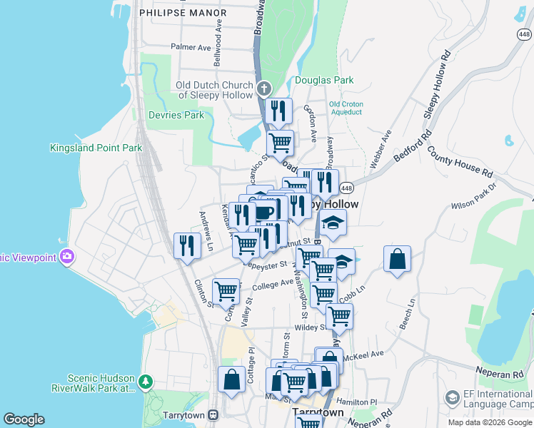 map of restaurants, bars, coffee shops, grocery stores, and more near 251 North Washington Street in Sleepy Hollow