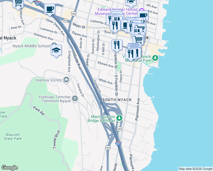 map of restaurants, bars, coffee shops, grocery stores, and more near 57 Brookside Avenue in Nyack