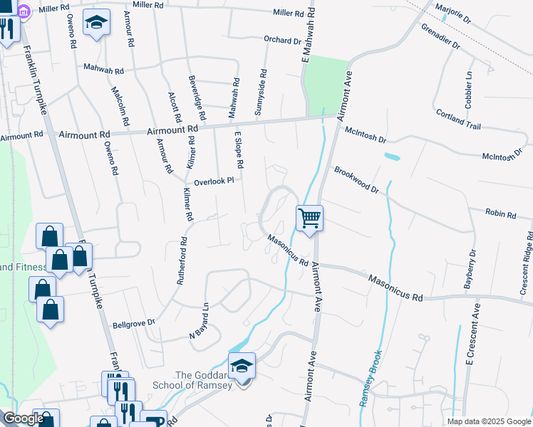 map of restaurants, bars, coffee shops, grocery stores, and more near 1299 Paddington Road in Mahwah