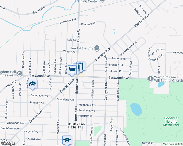 map of restaurants, bars, coffee shops, grocery stores, and more near 1495 Eastwood Avenue in Akron