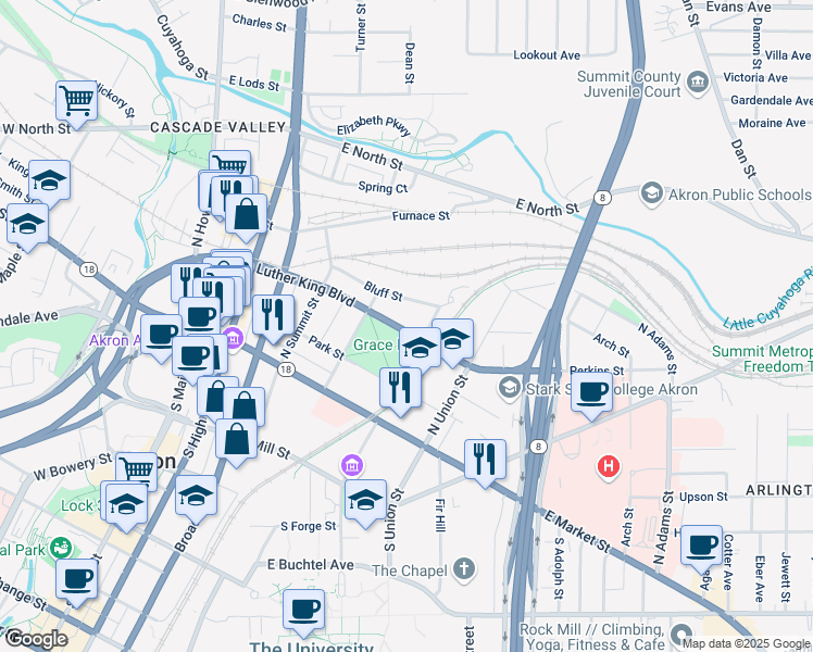 map of restaurants, bars, coffee shops, grocery stores, and more near 241 Perkins Street in Akron