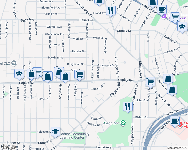map of restaurants, bars, coffee shops, grocery stores, and more near 476 Hillwood Drive in Akron