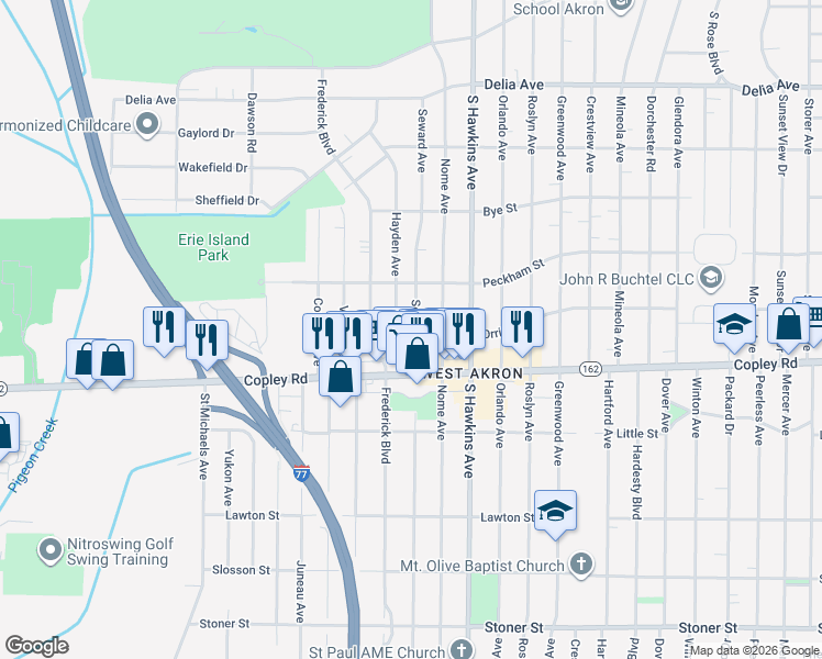 map of restaurants, bars, coffee shops, grocery stores, and more near 1370 Orrin Street in Akron