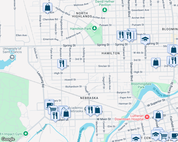 map of restaurants, bars, coffee shops, grocery stores, and more near 1434 High Street in Fort Wayne