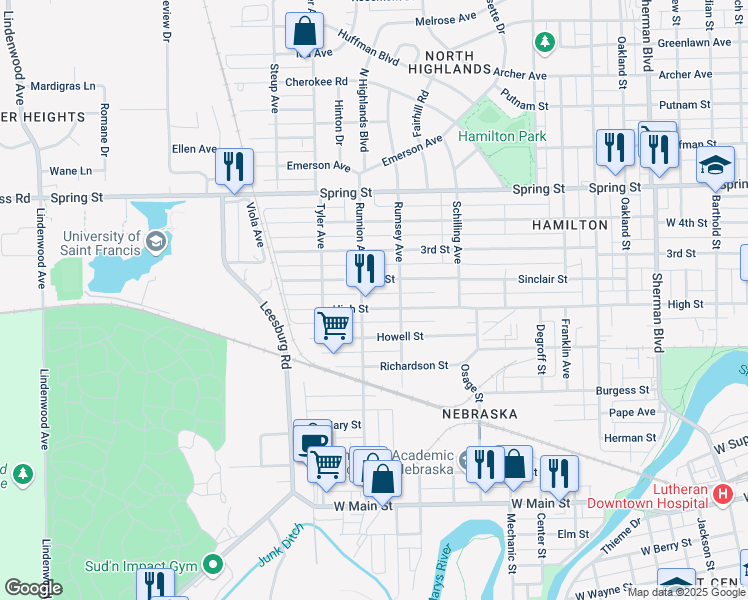 map of restaurants, bars, coffee shops, grocery stores, and more near 1728 High Street in Fort Wayne