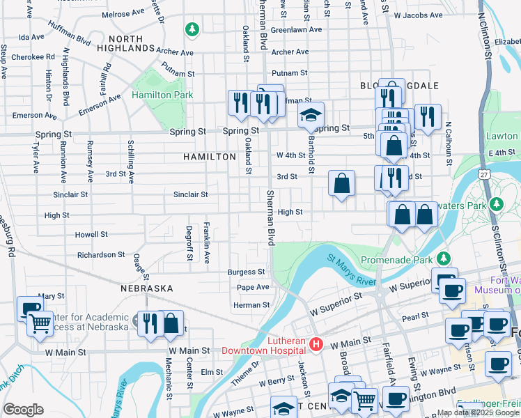 map of restaurants, bars, coffee shops, grocery stores, and more near 915 High Street in Fort Wayne