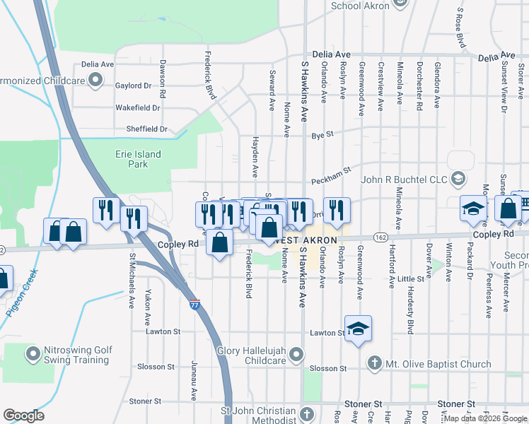 map of restaurants, bars, coffee shops, grocery stores, and more near 1370 Orrin Street in Akron