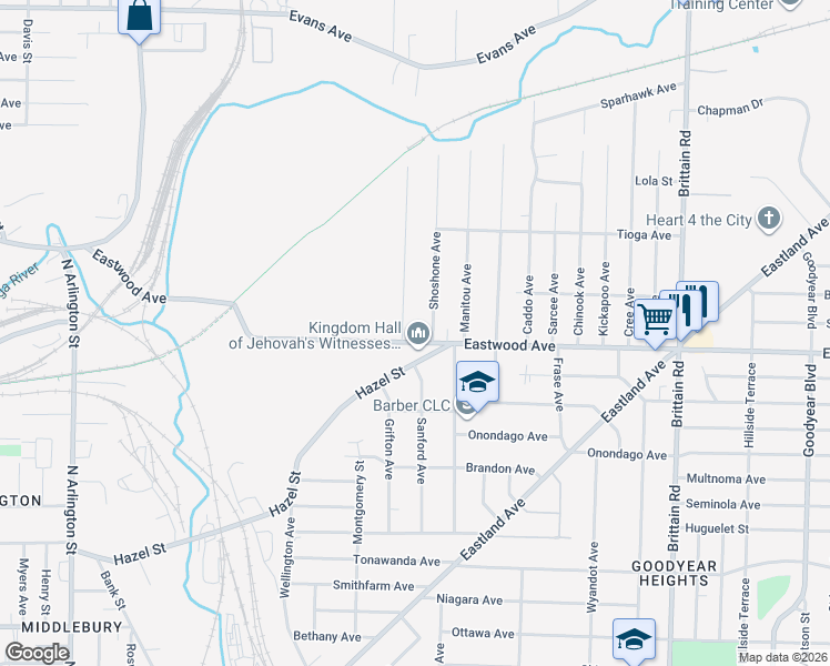 map of restaurants, bars, coffee shops, grocery stores, and more near 1165 Eastwood Avenue in Akron