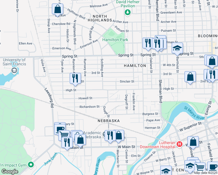 map of restaurants, bars, coffee shops, grocery stores, and more near 1426 High Street in Fort Wayne
