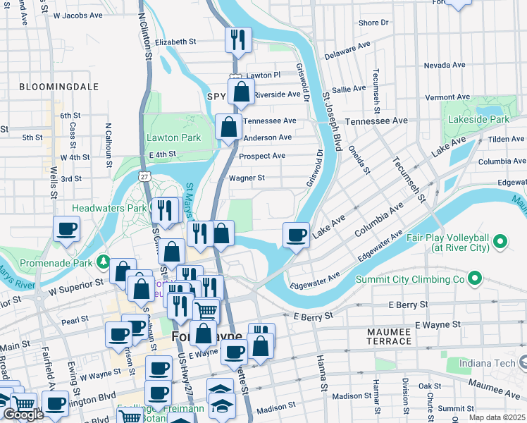 map of restaurants, bars, coffee shops, grocery stores, and more near 1100 Griswold Drive in Fort Wayne