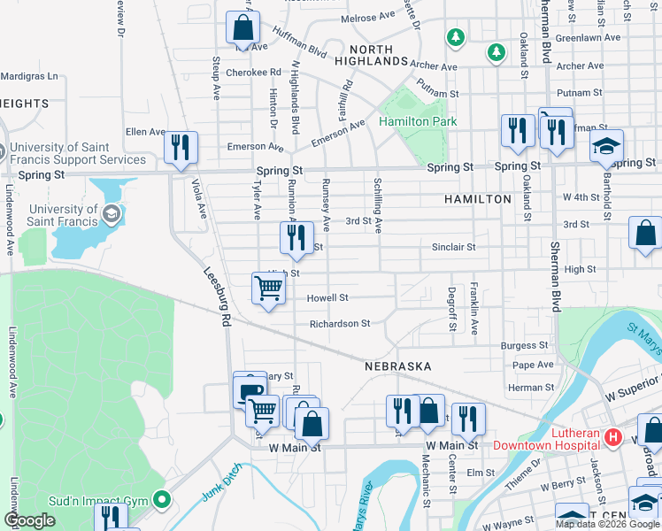 map of restaurants, bars, coffee shops, grocery stores, and more near 1660 High Street in Fort Wayne