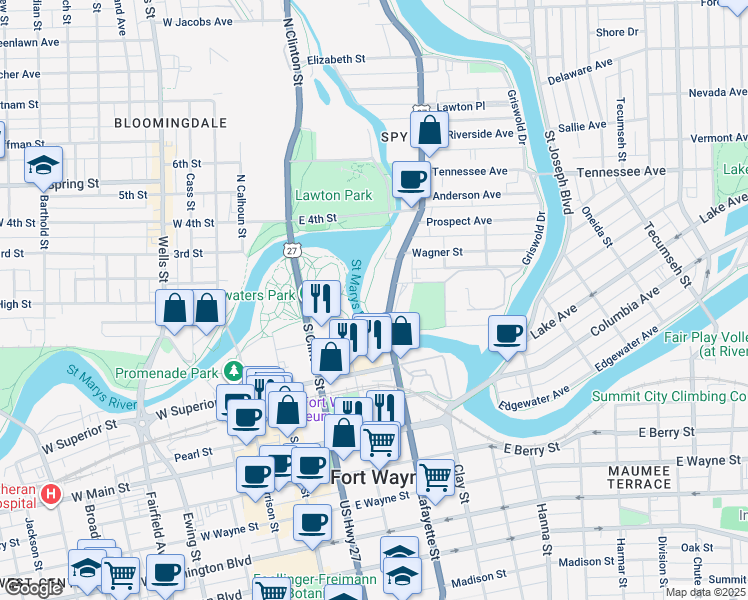 map of restaurants, bars, coffee shops, grocery stores, and more near Rivergreenway in Fort Wayne