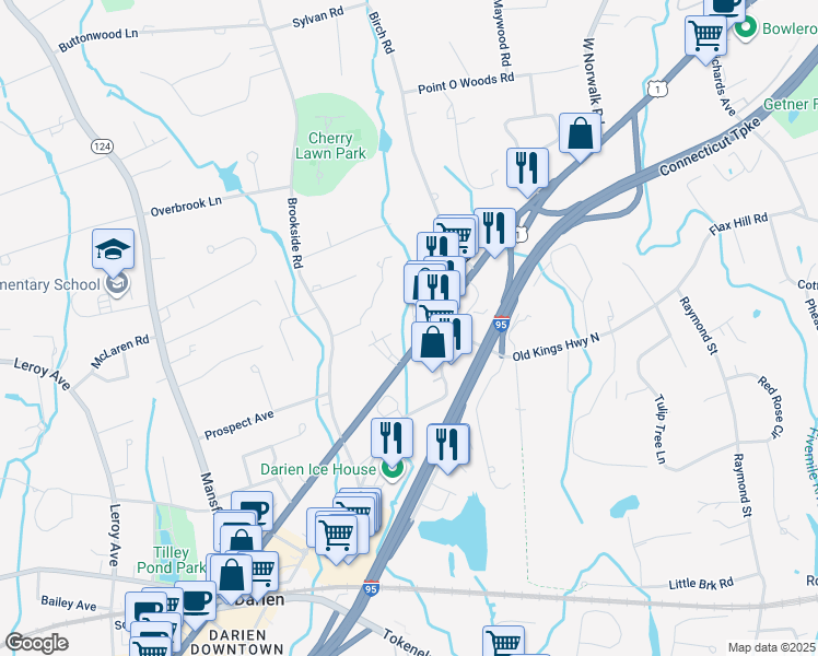 map of restaurants, bars, coffee shops, grocery stores, and more near 455 Oberlander Place in Darien