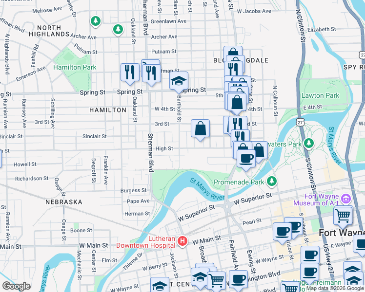 map of restaurants, bars, coffee shops, grocery stores, and more near 660 High Street in Fort Wayne