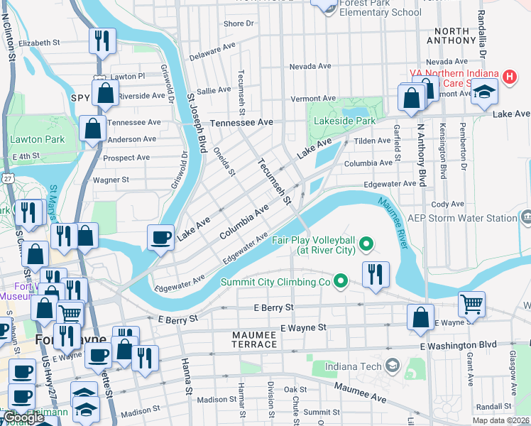 map of restaurants, bars, coffee shops, grocery stores, and more near 1106 Columbia Avenue in Fort Wayne