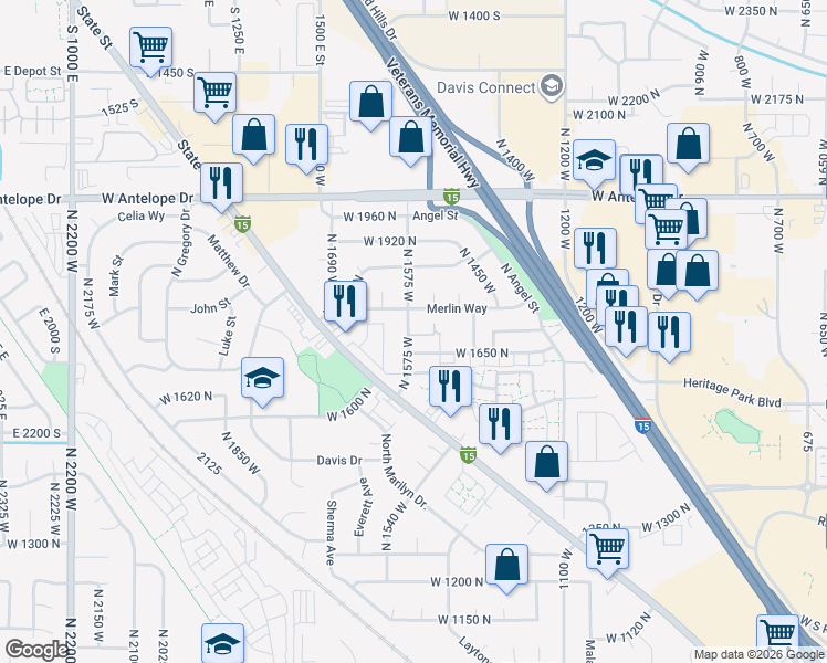 map of restaurants, bars, coffee shops, grocery stores, and more near 1683 North 1500 West in Layton