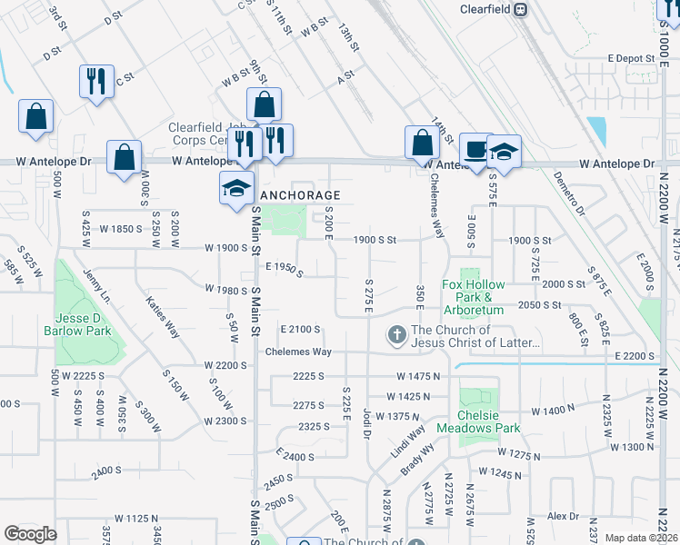 map of restaurants, bars, coffee shops, grocery stores, and more near 1949 South 200 East in Clearfield
