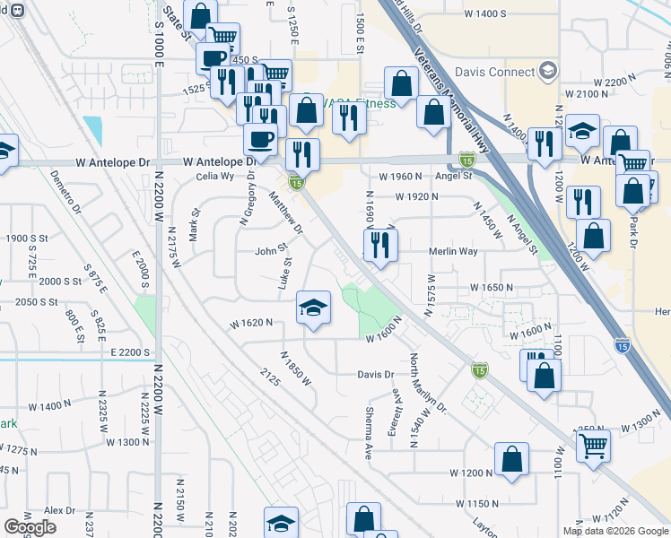 map of restaurants, bars, coffee shops, grocery stores, and more near 1744 North Alfred Drive in Layton