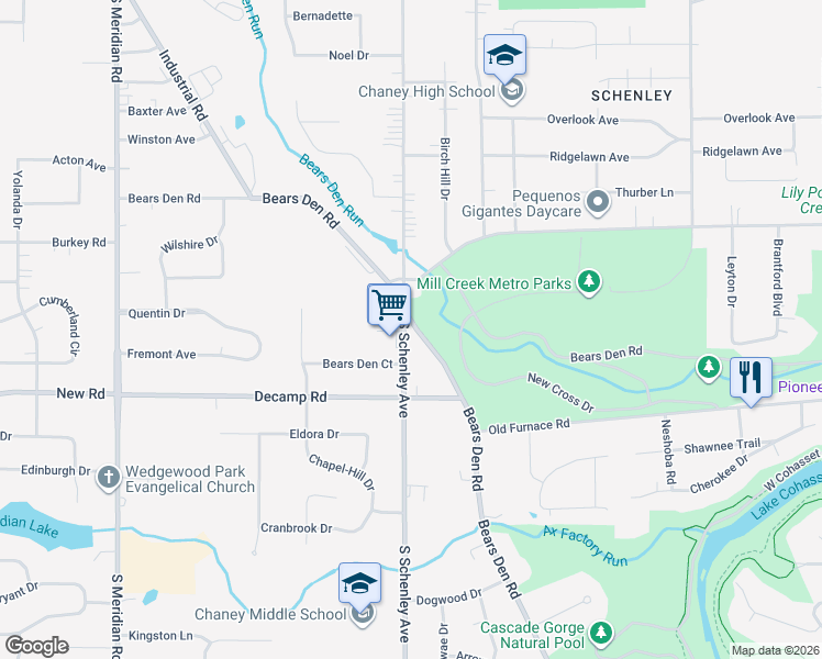 map of restaurants, bars, coffee shops, grocery stores, and more near 1264 South Schenley Avenue in Youngstown