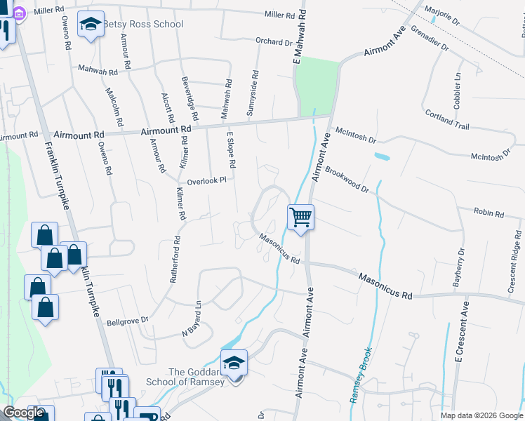 map of restaurants, bars, coffee shops, grocery stores, and more near 1299 Paddington Road in Mahwah