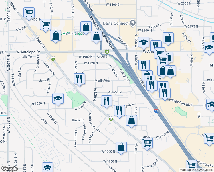 map of restaurants, bars, coffee shops, grocery stores, and more near 1687 North 1450 West in Layton