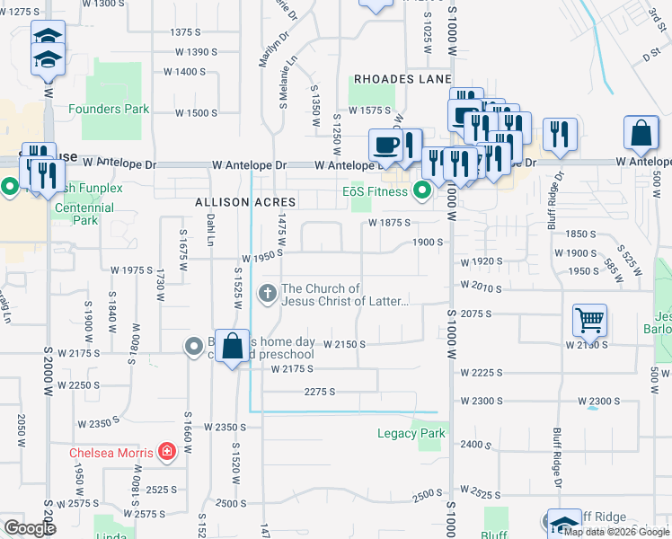 map of restaurants, bars, coffee shops, grocery stores, and more near 1327 West 2000 South in Syracuse