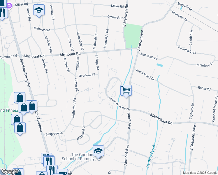 map of restaurants, bars, coffee shops, grocery stores, and more near 1299 Paddington Road in Mahwah