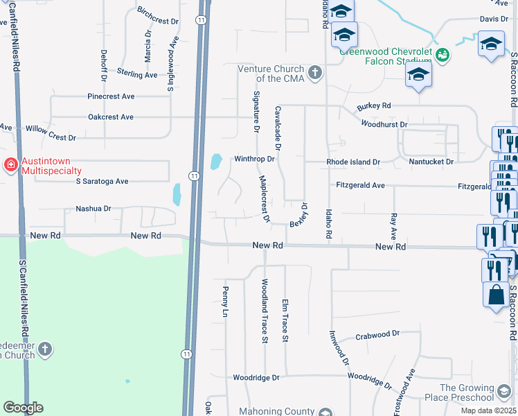 map of restaurants, bars, coffee shops, grocery stores, and more near 1481 Maplecrest Drive in Austintown