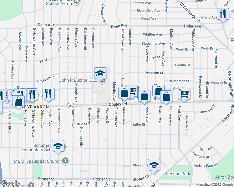 map of restaurants, bars, coffee shops, grocery stores, and more near 691 Moreley Avenue in Akron
