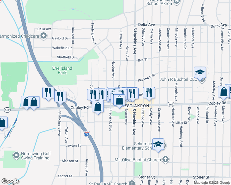 map of restaurants, bars, coffee shops, grocery stores, and more near 1370 Orrin Street in Akron
