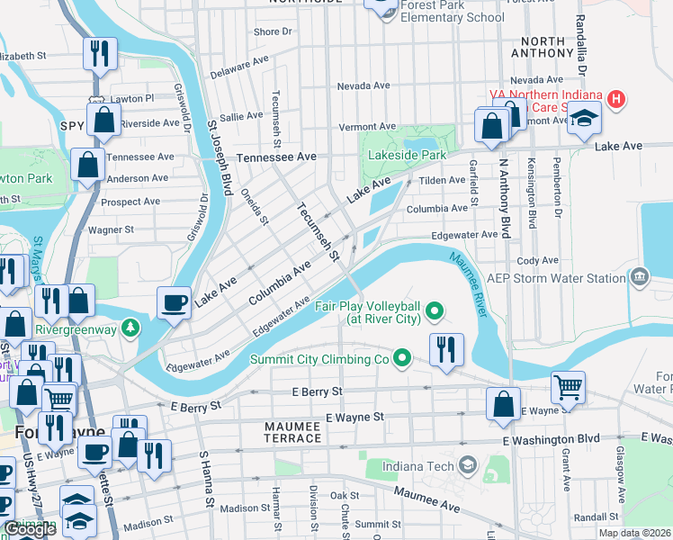 map of restaurants, bars, coffee shops, grocery stores, and more near 1121 Edgewater Avenue in Fort Wayne