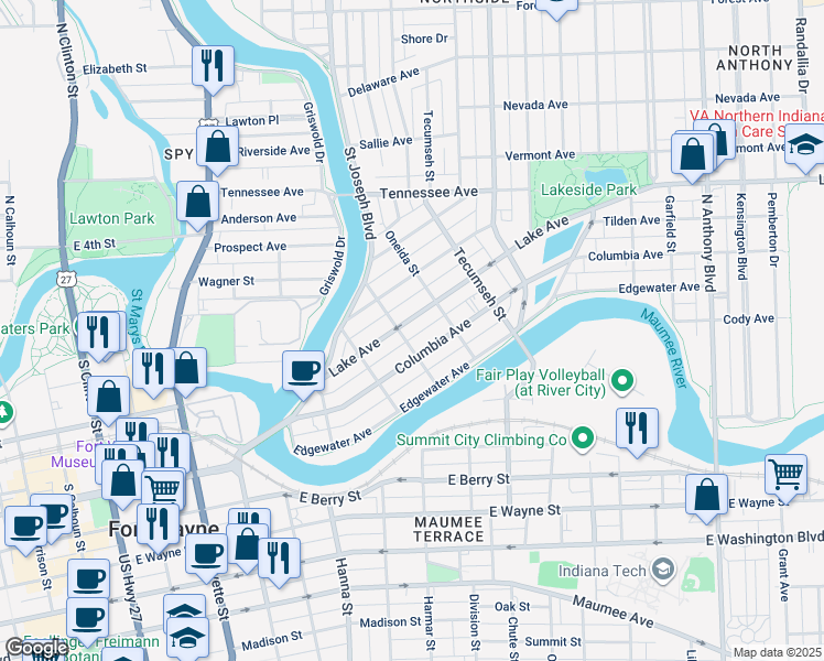map of restaurants, bars, coffee shops, grocery stores, and more near 1018 Dearborn Street in Fort Wayne