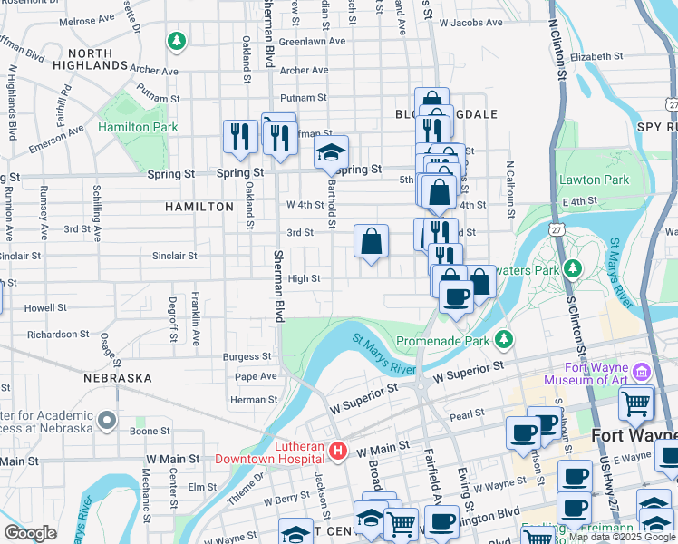 map of restaurants, bars, coffee shops, grocery stores, and more near 669 High Street in Fort Wayne