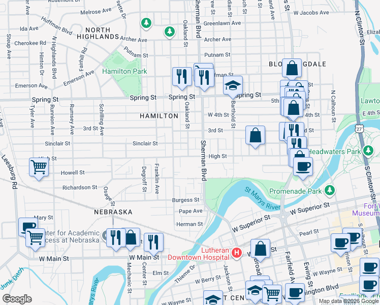 map of restaurants, bars, coffee shops, grocery stores, and more near 1011 High Street in Fort Wayne