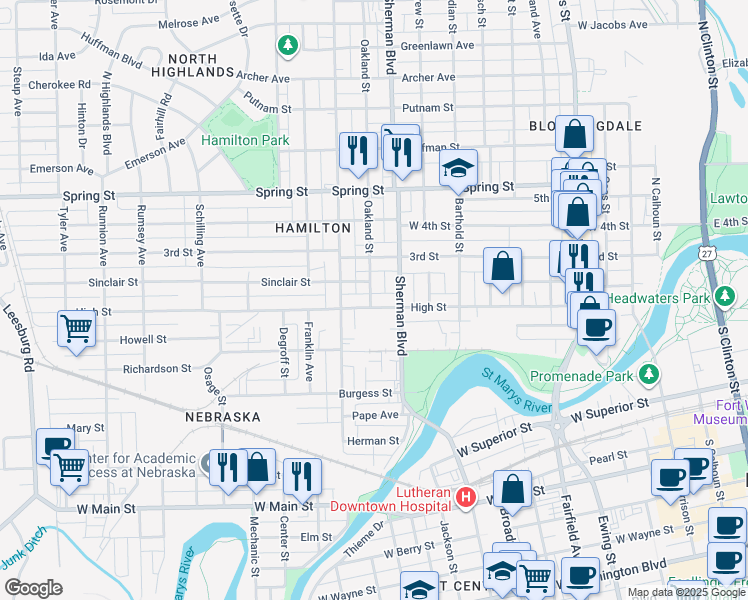 map of restaurants, bars, coffee shops, grocery stores, and more near 1011 High Street in Fort Wayne