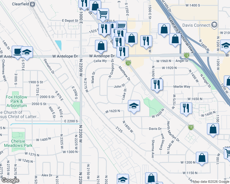 map of restaurants, bars, coffee shops, grocery stores, and more near 1896 Cliffs Place in Layton
