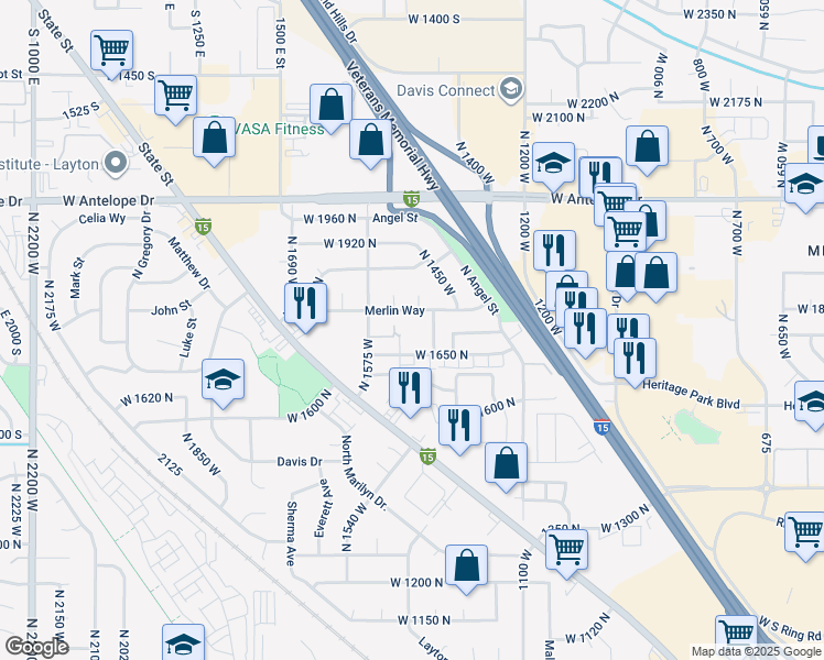 map of restaurants, bars, coffee shops, grocery stores, and more near 1718 North 1500 West in Layton