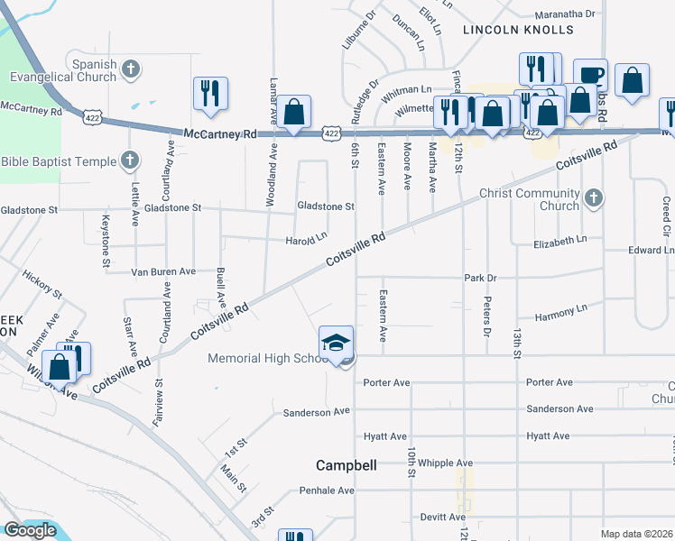 map of restaurants, bars, coffee shops, grocery stores, and more near 378 6th Street in Campbell
