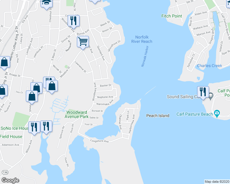 map of restaurants, bars, coffee shops, grocery stores, and more near 2 Seabreeze Place in Norwalk