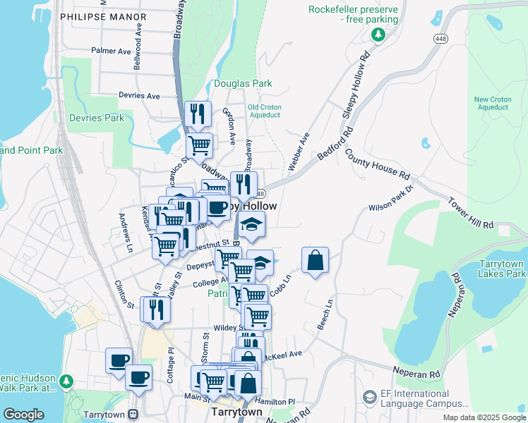 map of restaurants, bars, coffee shops, grocery stores, and more near Hudson Terrace in Tarrytown