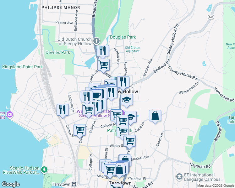 map of restaurants, bars, coffee shops, grocery stores, and more near in Sleepy Hollow