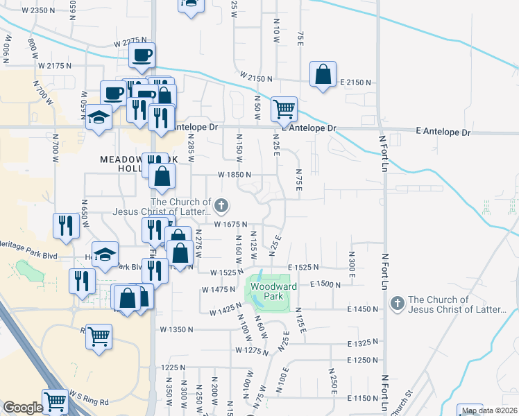 map of restaurants, bars, coffee shops, grocery stores, and more near 136 West 1675 North in Layton