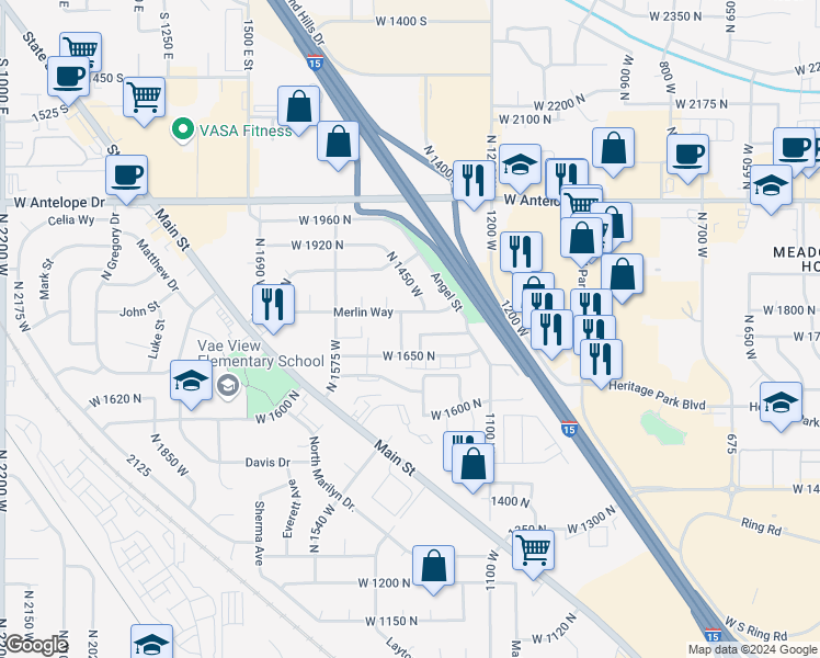 map of restaurants, bars, coffee shops, grocery stores, and more near 1687 North 1450 West in Layton