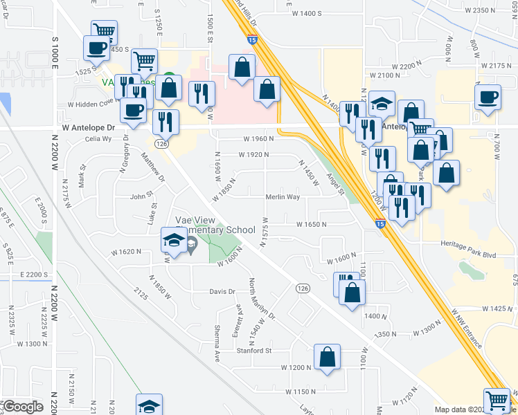 map of restaurants, bars, coffee shops, grocery stores, and more near 1681 North 1575 West in Layton