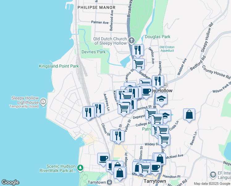 map of restaurants, bars, coffee shops, grocery stores, and more near 35 Kendall Avenue in Sleepy Hollow