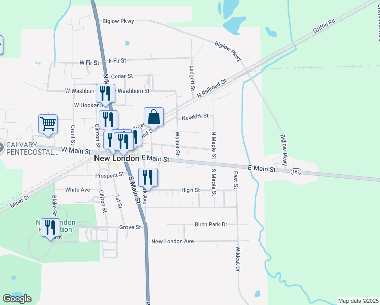 map of restaurants, bars, coffee shops, grocery stores, and more near 155 Ohio 162 in New London